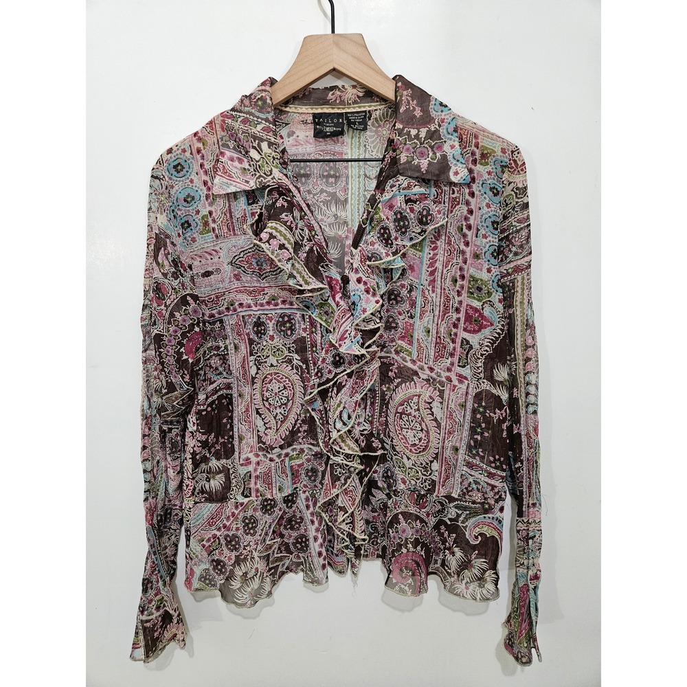 Tailor B. Moss Sheer Paisley Ruffle Blouse Brown Pink Metallic L Vintage Romanti